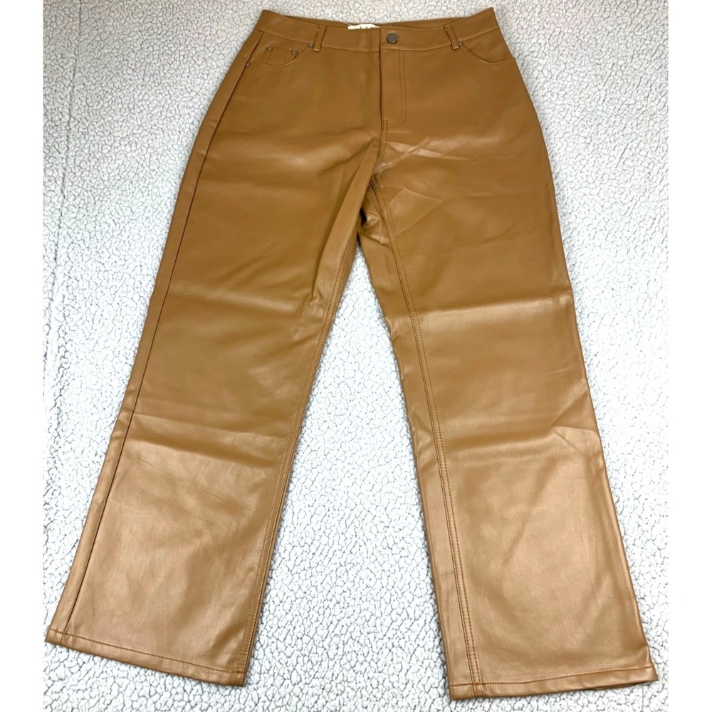 Hyfve Pants Womens Large Camel Brown Faux Leather Straight Leg 5-Pocket‎ Classic